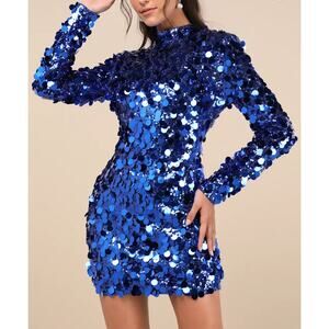 NWT Lulu’s Royal Blue Sequin Backless Mini‎ Dress SZ Small Long Sleeve High Neck